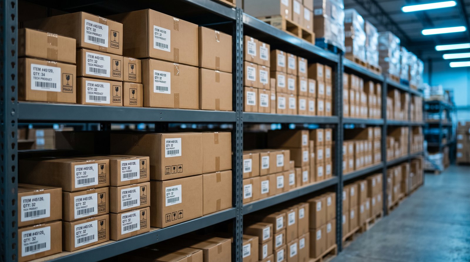 Boxed technology products from leading manufacturers on warehouse shelving