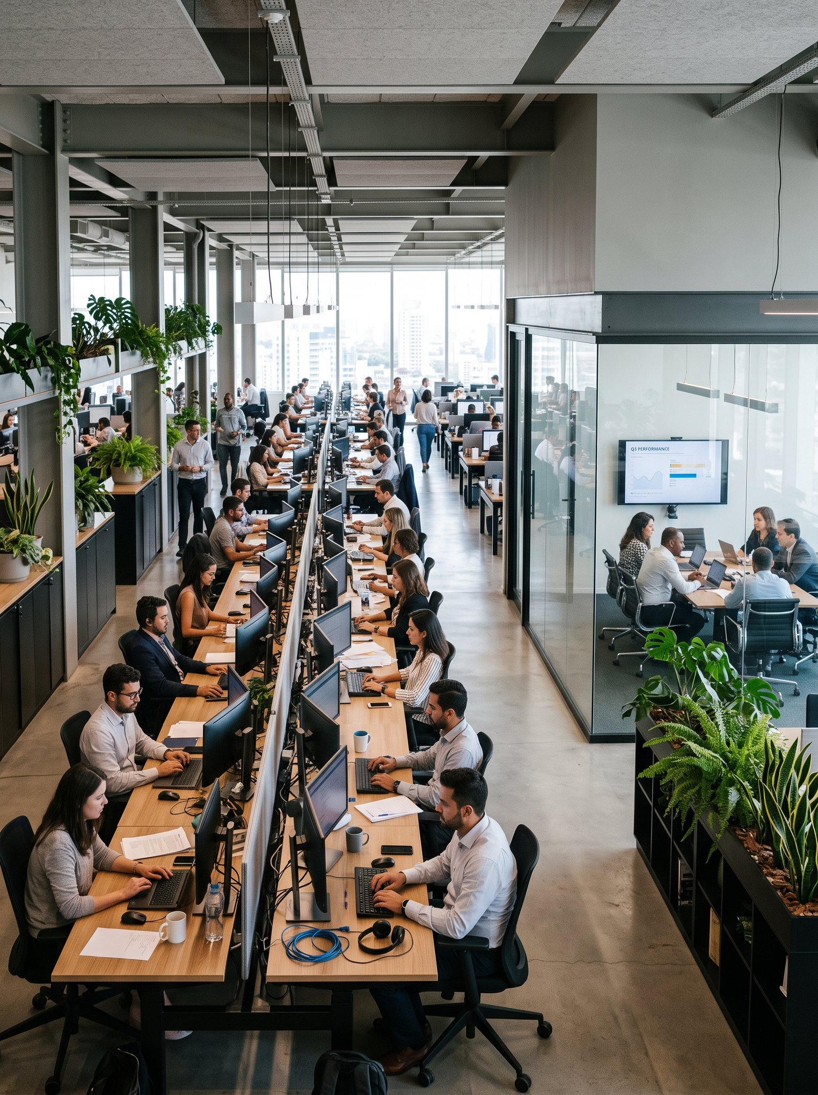 Open plan business office with laptops and monitors