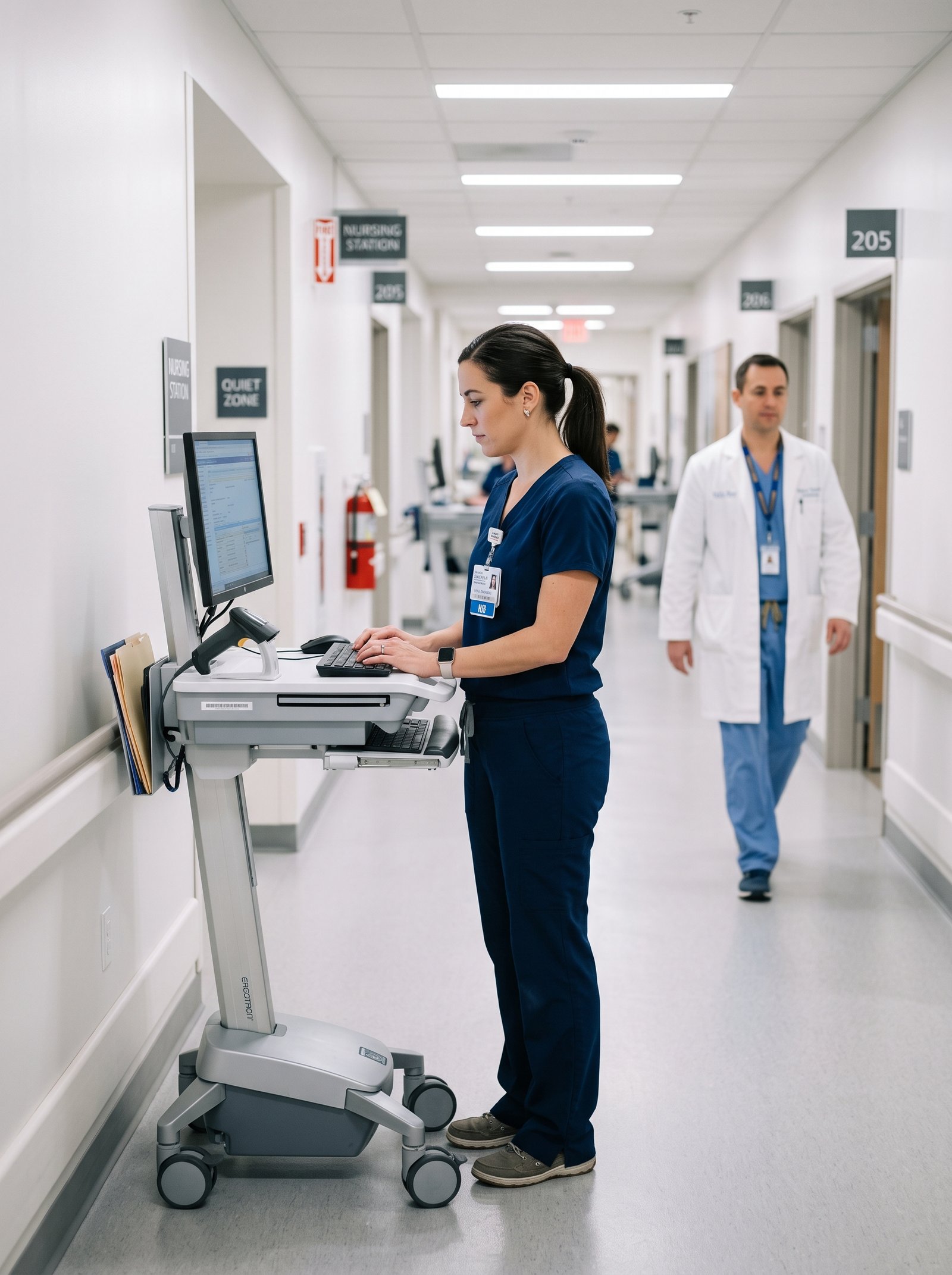 Medical staff using a computer workstation in a clinic