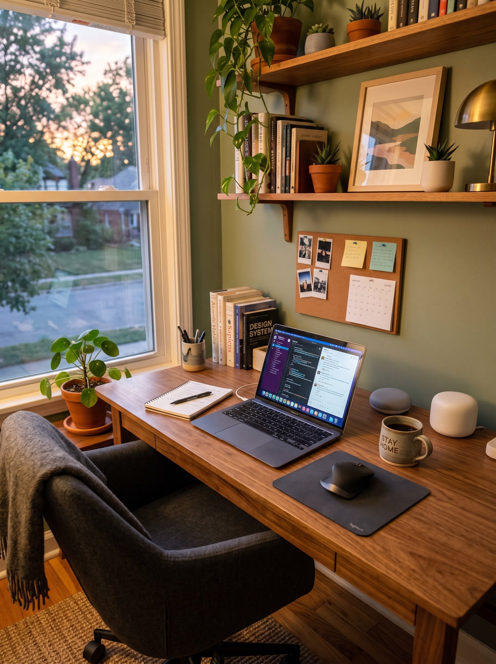 Home office setup with a laptop, router and smart devices