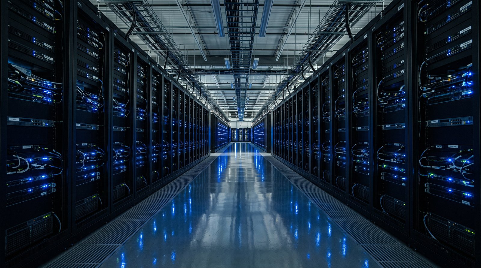 Data centre aisle with illuminated server racks