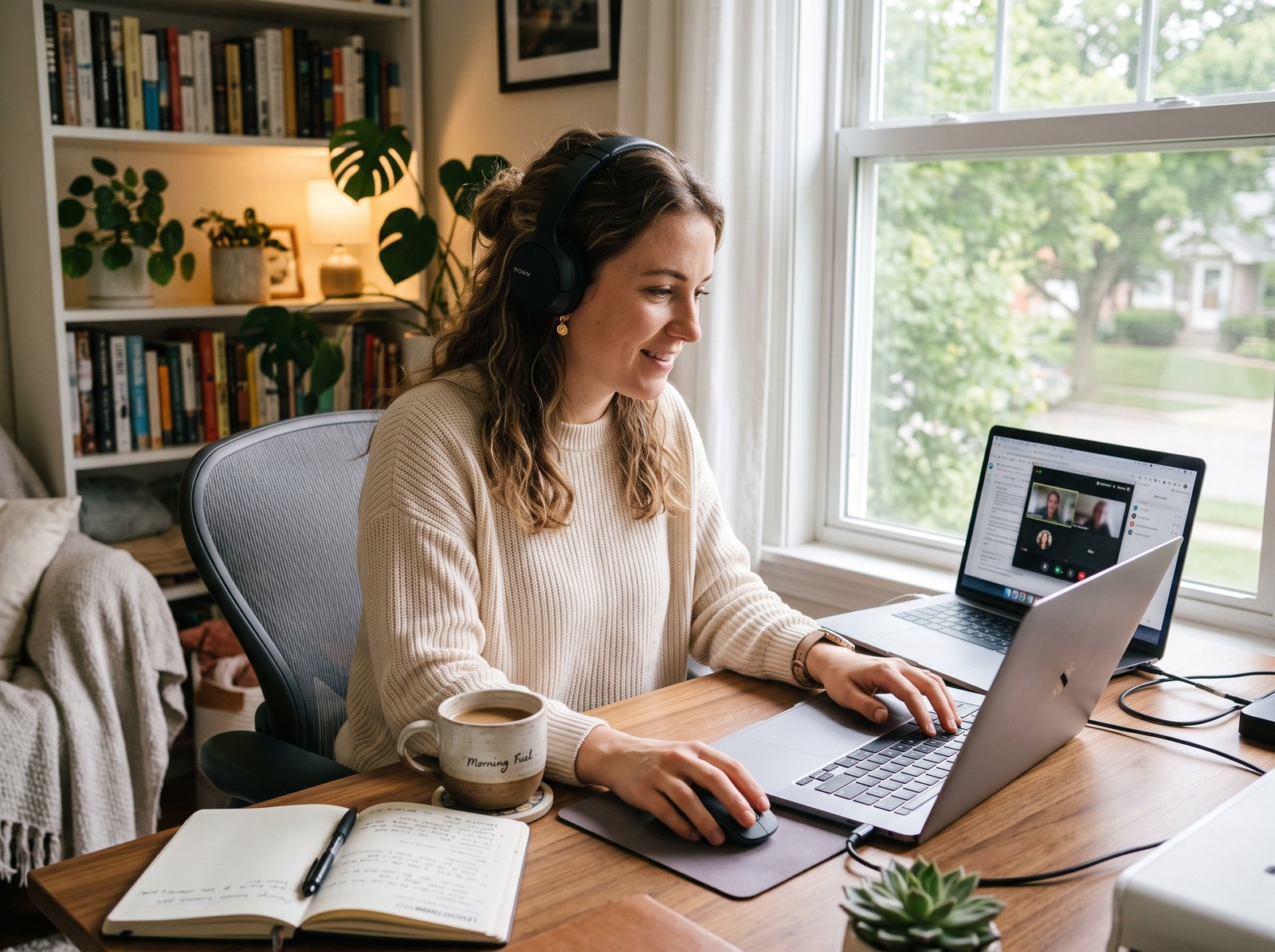 Employee working on a laptop connected to cloud services from a home office
