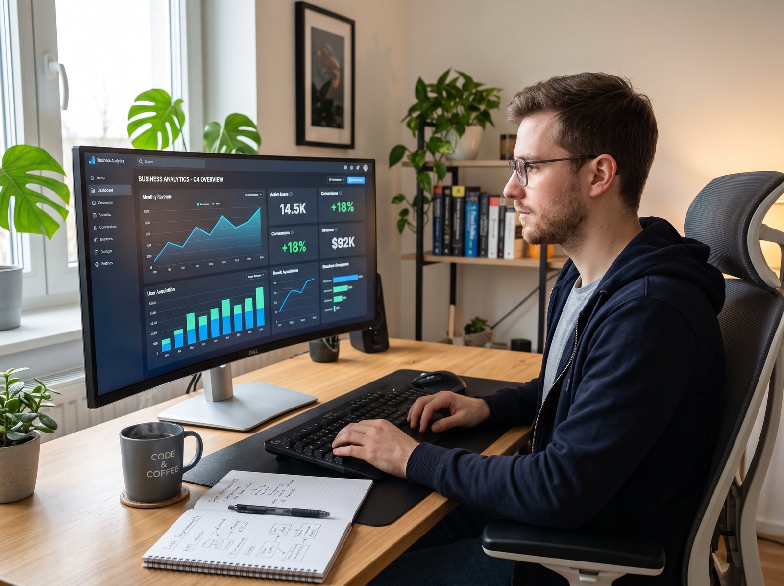 Developer reviewing an application dashboard on a large monitor
