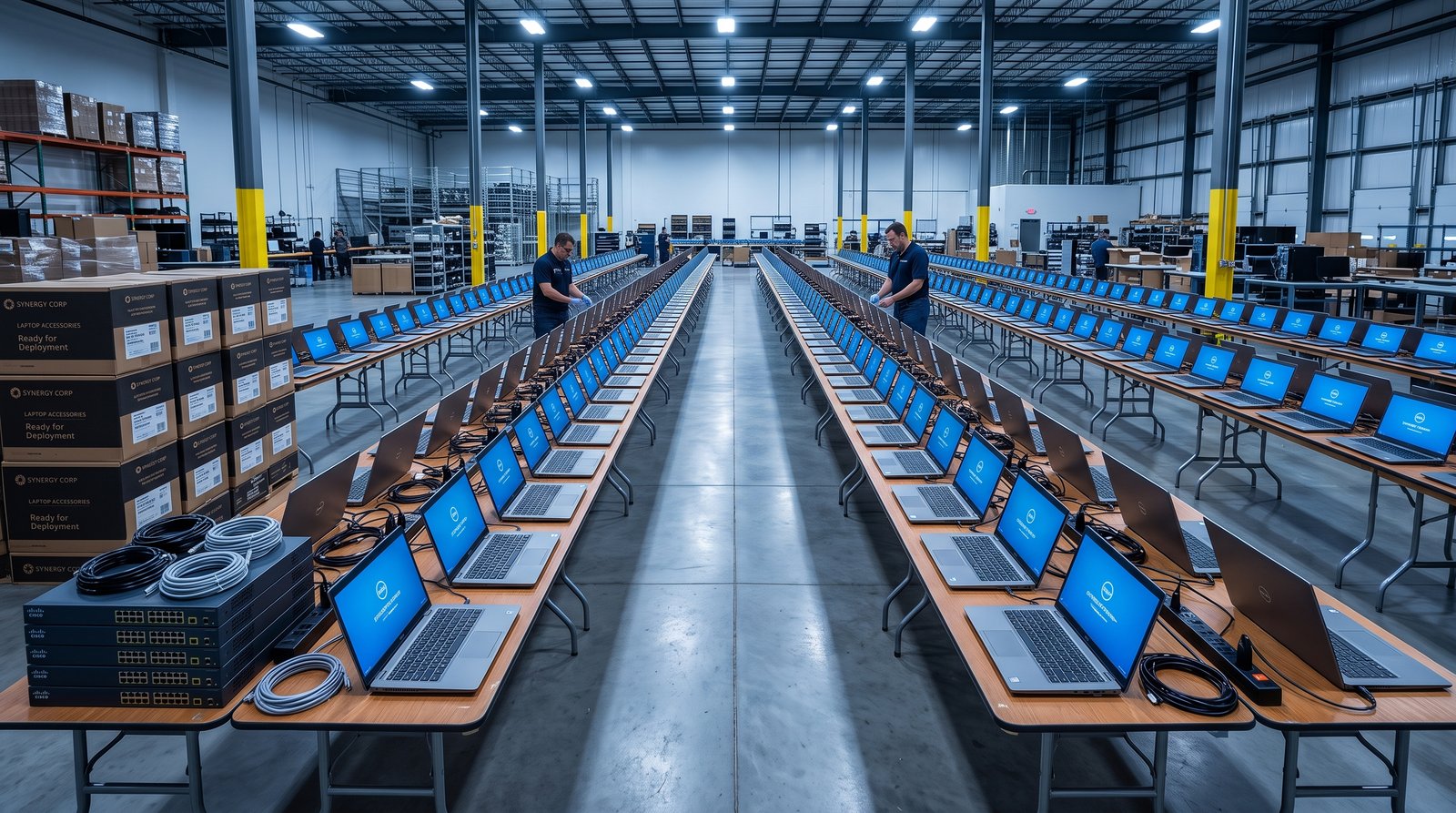 Rows of business laptops and network switches prepared for a company rollout