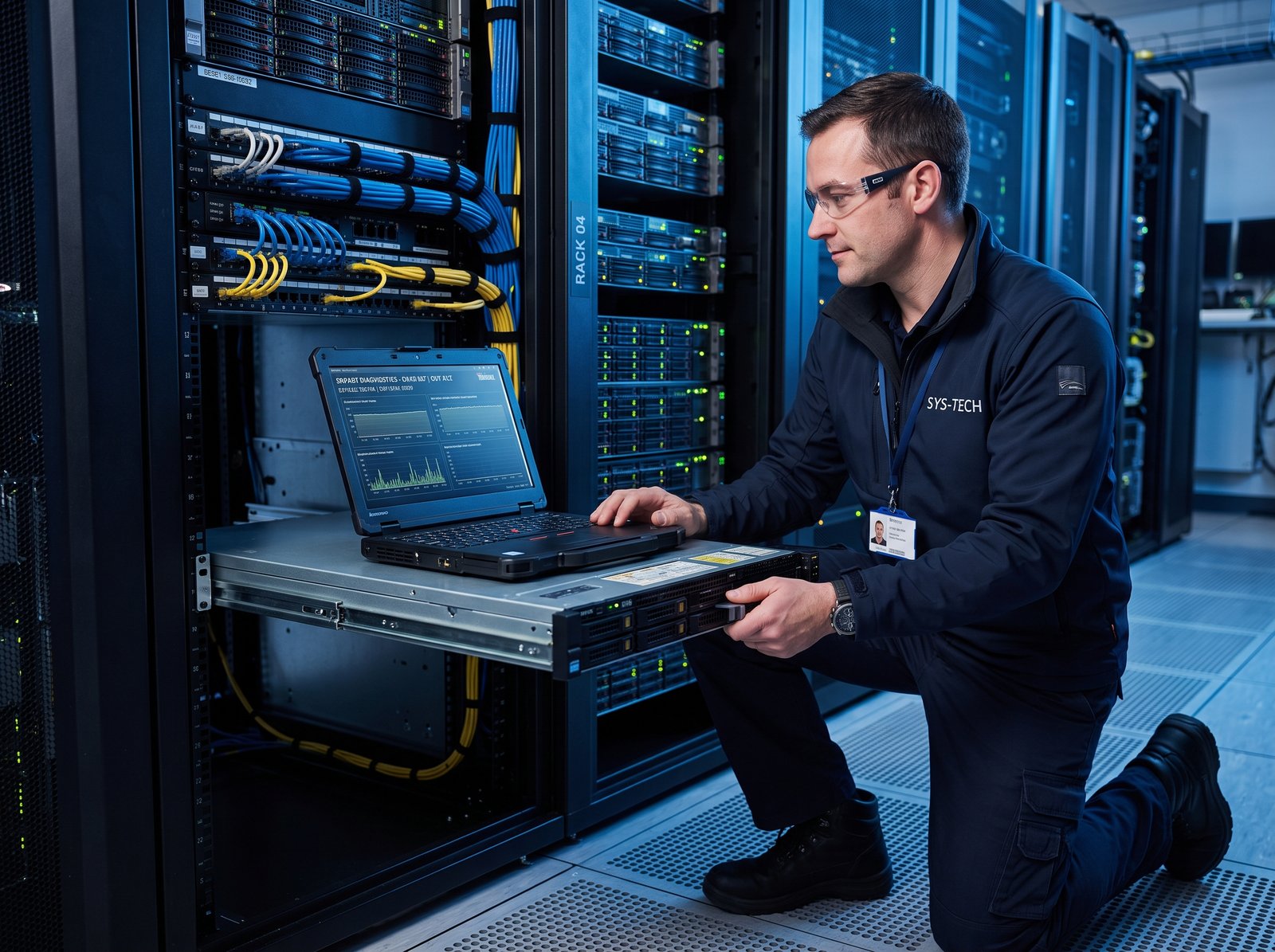 Engineer working on a virtualization host server in a rack