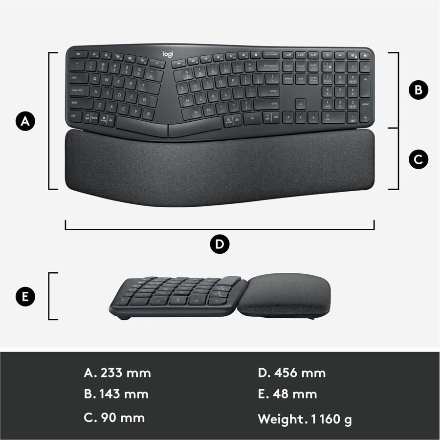 Logitech ERGO K860 Split Ergonomic Wireless Keyboard, Bluetooth & USB Receiver, Black - Image 9
