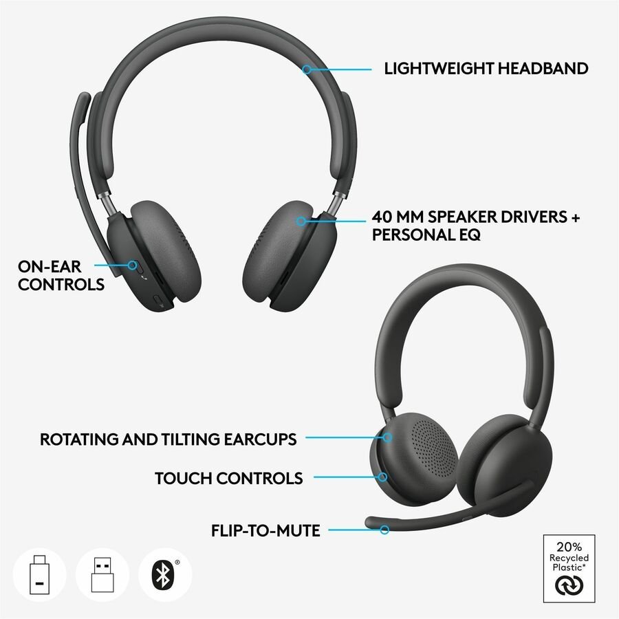 Logitech Zone 950 Wireless Bluetooth Headset, Hybrid ANC, 40mm Drivers, Graphite - Image 3