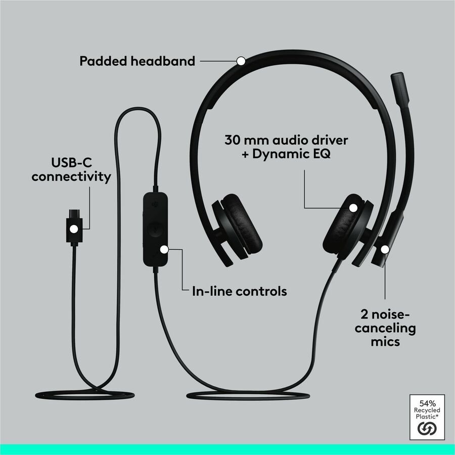 Logitech H570e Wired Stereo Headset, USB-C with USB-A Adapter, Microsoft Teams Certified - Image 4